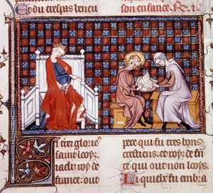 Blanche de Castille, Frankrikes drottning (1188-1252), leder utbildningen av sin son Ludvig IX (1214-1270) (Saint Louis Miniature från ett manuskript "Life and Miracles of Saint Louis" av William of Saint Pathus av Unknown artist