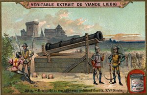 Bombarde och dess klocka med dubbelspets. 1400-talet. Chromo Liebig. av Unknown artist