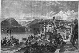 Borromees-öarna i Lago Maggiore (Lago Maggiore i Lombardiet) i Italien: Utsikt över Isola Bella (Ila-Bella). Gravyr i "" L