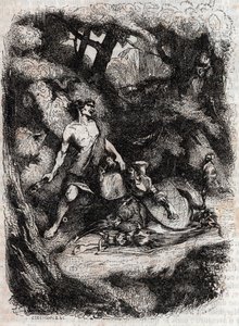 Bradamante terrassee av en jätte - gravyr från 1851 från "" Furious Roland"" (Orlando furioso) (1500-talet) av Ludovico Ariosto, känd som Ariosta - Edition översatt från italienska av greven av Tressan och publicerad av Gustave Harvard 1851 av Unknown artist