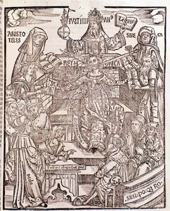 Kunskapsgrenar representerade av Aristoteles (överst till vänster) representerar naturfilosofin, med Seneca som representerar moralfilosofin till höger, kejsaren Justinianus (överst i mitten). Kvinnan i mitten har ett svärd och en blommande gren som kommer av Unknown artist