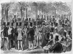 Mäklare nära den lilla Bourse du Boulevard des Italians i Paris, Frankrike. Gravyr i "The Illustrous Universe" av Unknown artist