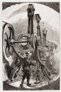 Brunton-maskin för tunnelgrävning i mjuka stenar - i "" The new conquests of science: electricite"" av Louis Figuier, sd av Unknown artist