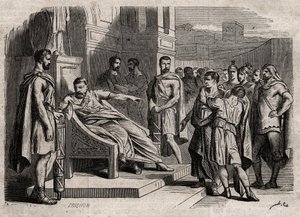 Brutus dömer sin son till döden - Brutus (Marcus Junius Brutus, 85-42 f.Kr.) dömer sina söner till döden - gravyr i "" Dictionnaire populaire illustrious" - 1864 - av Joseph Decembre och Edmond Allonier - av Unknown artist
