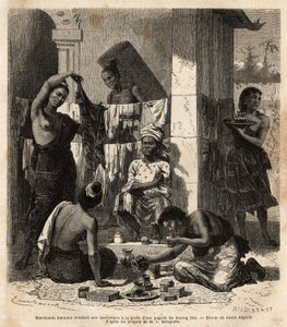 Burmesiska köpmän som säljer tyger och parfymer till laotiska kvinnor vid dörren till en pagod i Muong Mai. Gravyr för att illustrera upptäcktsfärden i Indokina, av Francis Garnier, löjtnant de Vaissseau, 1866-1868, publicerad i "" Le tour du mond av Unknown artist