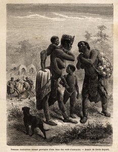 Bushmenes lager vatten i strutsägg, åtföljda av sina barn; i bakgrunden, sett från byn och män som slaktar en antilop. Gravyr för att illustrera Dr. Livingstones första resor till södra Afrika från 1840 till 1856, i "Le tour du av Unknown artist