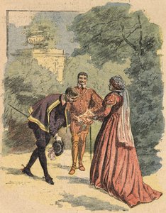 Bussy hälsar Jeanne, åtföljd av Saint Luke, i parken. Illustration av romanen "La Dame de Monsoreau" av Alexandre Dumas, i "Journal des novels populaires illustrées" av Unknown artist