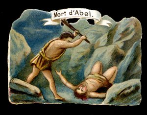 Kain dödar sin yngre bror Abel av svartsjuka (Adams och Evas barn). Kromolitografi av 1800-talet. av Unknown artist