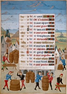 Kalender: Augusti - Tillverkning av vinfat - Miniatyr av mästare Jean de Rolin (1400-talet) från "The Hours of Adelaide of Savoy, Duchess of Burgundy" 1460-1465 Chantilly, Musee Conde av Unknown artist