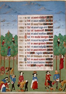 Kalendersida för oktober månad: "" Jordbruksarbeten, skörd av frukter""" Upplyst manuskriptsida från "Tidsboken för hertiginnan av Bourgogne, Adelaide av Savoyen"" Marie Adelaide av Savoyen (1686-1712) är hustru av delfinen Louis Duk av Unknown artist