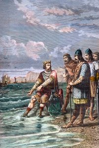 Knud den store, övertygar sina mäklare om att han inte har makt att hejda strömmen - kung Knut II den store (Knud I den store) (ca 995-1035), kung av England från 1016, av Danmark från 1018 och av Norge från 1030 - Han visar för sina hovmän att endast av Unknown artist