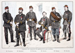 Kaptener för de mobiliserade fredsbevarande kompanierna, från vänster till höger: Mr.Toquenne, Mr.Rousseau, Mr.Mennier, Mr.Rochut, Mr.Thomas, Mr.Blavier. Etsning i färger, för illustration "" History of the Corps of Peacekeepers""" bok publicerad under av Unknown artist