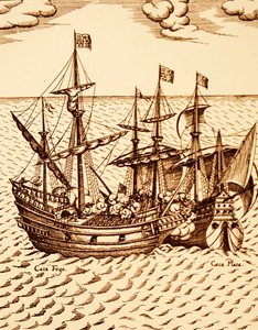 Fångst av den spanska galjonen Cagafuego av den gyllene hinden ledd av Francis Drake i mars 1579 (gravyr) av Unknown artist