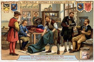 Karriärer under medeltiden: vävare, skräddare, hattmakare och pastermakare som beställer kemtvätt - chromo Liebig av Unknown artist