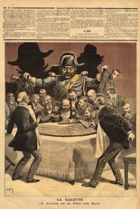 Karikatyrillustration "" la galette"", om kungarnas högtid, där bankiren skär tårtan, alla fällde för att få en del och fann istället för en feve gendarmen. Gravyr i "" Le petit journal"" 1893-01-07. Selvas samling. av Unknown artist