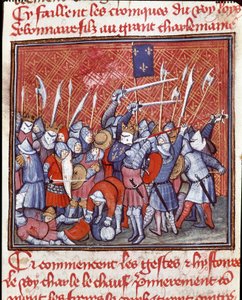 Karolingiska dynasti: "" Den karolingiske kungen Karl II säger den skallige (823-877) under en strid""" Miniatyr hämtad från "" Les grandes Chronicles de France""" Chantilly från 1300-talet, Musee Conde av Unknown artist