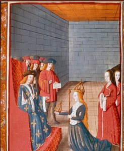 Karolingiska dynasti: "" Den karolingiske kungen Karl II säger att den skallige (823-877) tar huvudet av det västra imperiet vid sin far Ludvig den frommes död 840"" Miniatyr hämtad från "" Les grandes Chronicles de France""" 1400-talets Turin, national li av Unknown artist