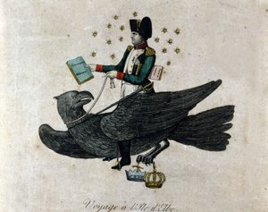 Tecknad film om Napoleon om hans exil på ön Elba. Napoleon på en örn håller i sin högra hand en bok med titeln Militär värnplikt. Gravyr av perioden. av Unknown artist