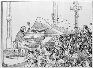 Tecknad serie av Franz Liszts triumf vid en konsert i Berlin 1842.