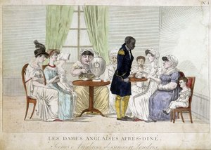 Tecknad film om engelska borgerliga kvinnor på 1800-talet: "English ladies after dine". En svart tjänare ger dem teet på en bricka. av Unknown artist