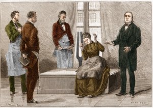 Katalepsi producerad under påverkan av ljud (Diapason). Den franske neurologen Jean Martin Charcot (1825-1893) (till höger) demonstrerar hypnos på en patient på sjukhuset i Salpetriere. Illustration hämtad från "" Nature"" 1879 av Unknown artist