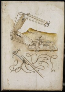 Catapult and Hook System - Manuskript: pergamentark av en ingenjörsmanual för konstruktion av civila, religiösa och militära byggnader, anonymt, sent 1400-tal (figur med kinesiskt bläck) av Unknown artist