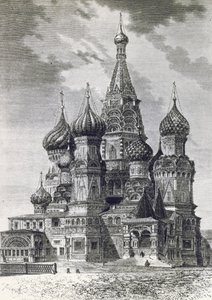Katedralen för skydd av den heligaste Theotokos på vallgraven eller Sankt Basilius-katedralen på Röda torget i Moskva, Ryssland, gravyr från Free Russia av Unknown artist