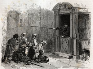 Katolska utövare i bön, som tar emot vanlig ånger, piskor administrerade av en präst från båset. Gravyr för att illustrera historien om Stilla veckan i Rom, 1863, av Ludovic Celler, i "Le tour du monde, nouveau journal des voyages"" public av Unknown artist