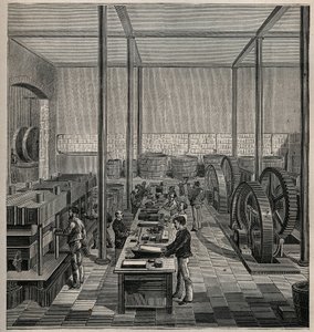 Celluloid: celluloidtillverkning. Gravyr från 1885 i "" Les arts et metiers illustres"" av Adolphe BITARD. av Unknown artist
