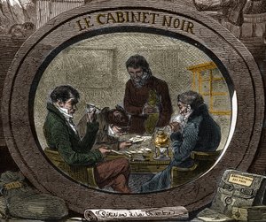 Censur på 1800-talet: Under den gamla regimen kallas tjänsten "Svart kabinett", som ansvarar för att granska privat korrespondens av säkerhetsskäl. Gravyr av 1800-talet. av Unknown artist
