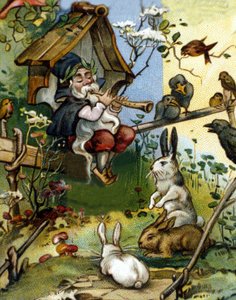 Karaktär av dvärg- eller farfadet-flöjtspelaren. 1800-talets kromolitografi. av Unknown artist