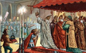 Karl den Store (742-814) krönt av påven Leo III (c750-816) vid Peterskyrkan i Rom den 25 december 800 - Karl den Stores heliga (kröning) (742 - 814) år 800 av påven Leo III. av Unknown artist