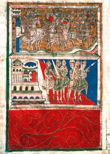 Karl den Store och hans riddare lämnar Aachen och beger sig till Santiago de Compostela Miniature från "Codex Calixtinus"" (Saint Jakobs bok), omkring 1140. fol. 162 v. Arkiv för katedralen i Santiago de Compostela (Santiago de Compostela), Spanien av Unknown artist