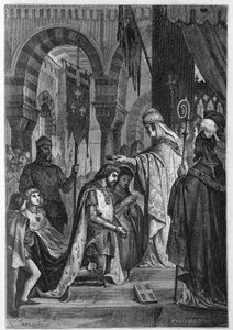 Karl I av Anjou (Karl I av Sicilien) (1226-1285) investerades i kungariket Sicilien den 28/06/1265 av påven Clemens IV (v. 1195-1268). av Unknown artist
