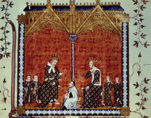 Karl V den vise och Jeanne de Bourbon, omgivna av sina barn. Miniatyr från manuskriptet "" Rational des divins offices""" Folio 1, beskriven av Guillaume Durand och översatt av Jean Golein av Unknown artist