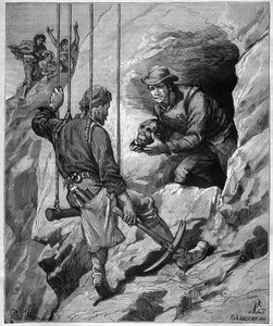 Charles Wiener (1851-1913) fransk upptäcktsresande och diplomat som utforskar en gravgrotta i Peru - gravering i "" journal des voyages""" 1887 av Unknown artist