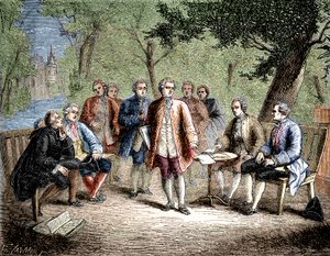 Charles de Secondat Montesquieu med det vetenskapliga cenaklet på Castle Clairac, Frankrike - Det vetenskapliga cenaclet på chateau de Clairac: Montesquieu och baronen de Secondat, hans, riddaren av Vivens, Romas och Dutilh-bröderna - i "Album de la Scienc av Unknown artist