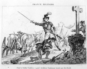 Chef och soldat till fots. Vendesartilleri släpat av oxar. Gravyr av 1800-talet. av Unknown artist