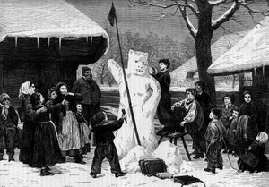 Barn som gör en snögubbe i en by i Alperna. Gravyr i "" Le Journal de la jeunesse"" av Unknown artist