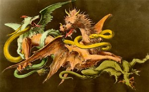Chimeres En drake som slåss mot två monster. Gravyr från 1800-talet. av Unknown artist