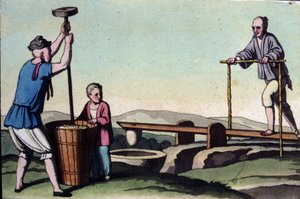 Kina, till vänster skalningen av ris och till höger regleringen av vatten för sticklingarna - i "The Old and Modern Costume"" av Jules Ferrario av Unknown artist