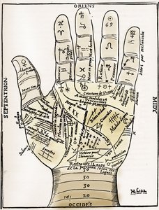 Chiromancy - PALMISTY CHART - Planet- och zodiakaldiagram av vänster hand - Träsnitt från Jean Belots "" Various Oeuvres"" Lyon, Frankrike av Unknown artist