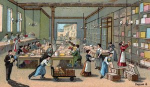 Chokladtillverkning: förpackning, frakt. Kromolitografi från slutet av 1800-talet av Unknown artist