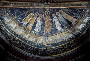 Kristus bland St Paul, St Cecilia, St Pascal, St Peter, St Valeriano och St Agata (mosaik, 821) av Unknown artist
