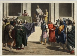 Kristus före Pontius Pilatius: När Pilatus såg att folket ville ha Jesu död och fruktade ett upplopp, tog han vatten, tvättade sina händer inför folkmassan och sa: ”Jag är inte ansvarig för detta blod; det är upp till dig att se”. Anonym gravyr från mi av Unknown artist