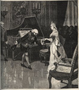 Christoph Willibald Gluck före drottningen Marie-Antoinette i Trianon - Christoph Willibald Gluck (1714-1787), tysk kompositör som spelar framför drottning Marie Antoinette en Trianon - gravyr i "" Popular Music""" illustrerad veckotidning - 1882 av Unknown artist