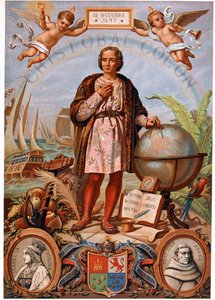 Christopher Columbus. Till vänster, porträtt av Isabella den katolska, drottning av Kastilien (1451-1504). Spansk kromolitografi från 1800-talet av Unknown artist