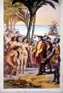 Christopher Columbus landning i San Salvador (Bahamas) den 12/10/1492: de första indianerna dök upp före Columbus. Gravyr 1850. av Unknown artist