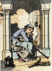 Askungen drömmer om ett bättre liv nära den öppna spisen i köket. Illustration av Charles Perraults berättelse "Askungen eller La petite slipper de verre" av Unknown artist