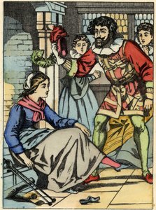 Askungen provar glasskon som hittats av prinsen. Illustration av Charles Perraults berättelse "Askungen eller La petite slipper de verre" av Unknown artist